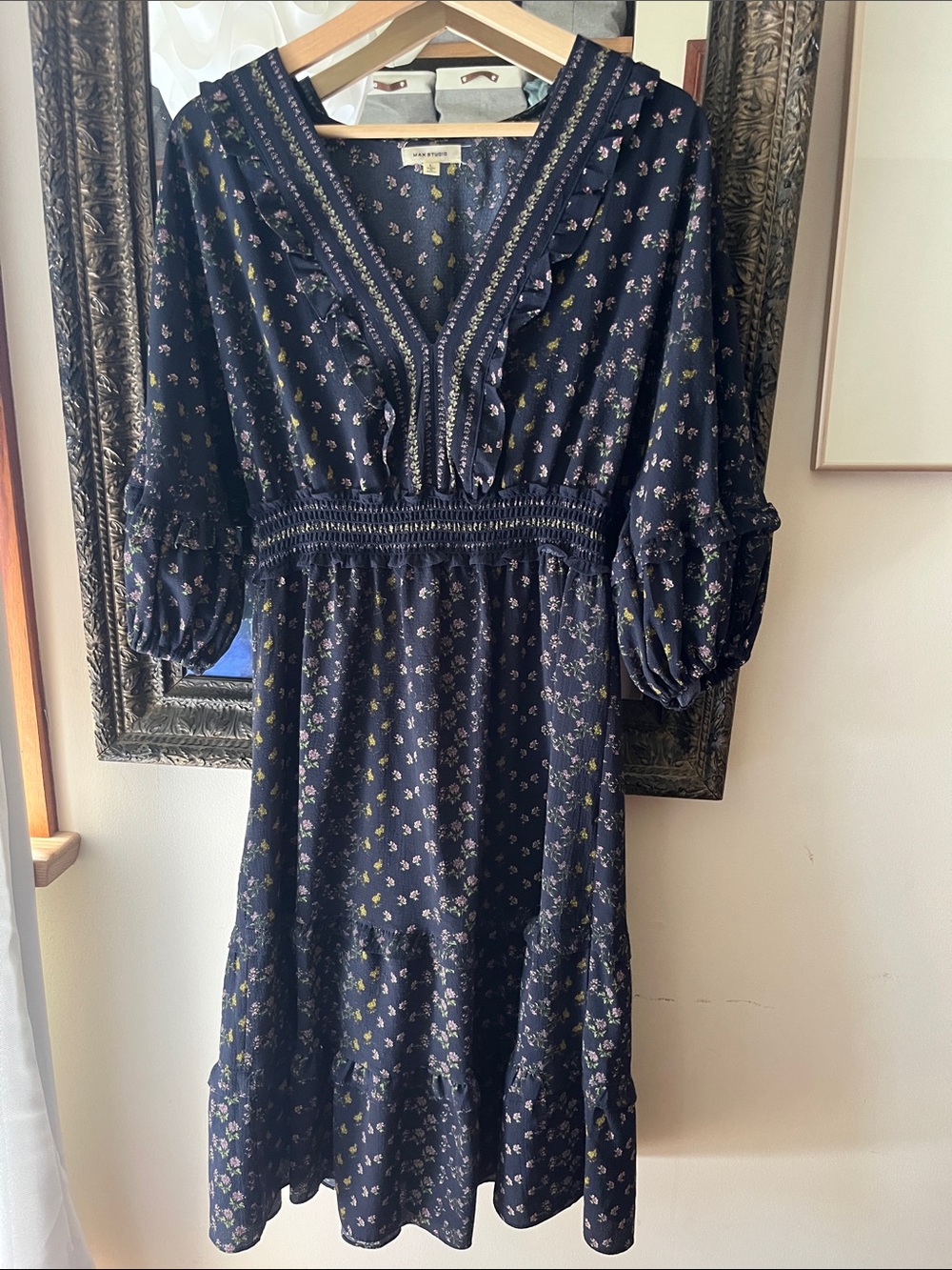Max Studio Navy Floral Smocked Waist Midi Dress